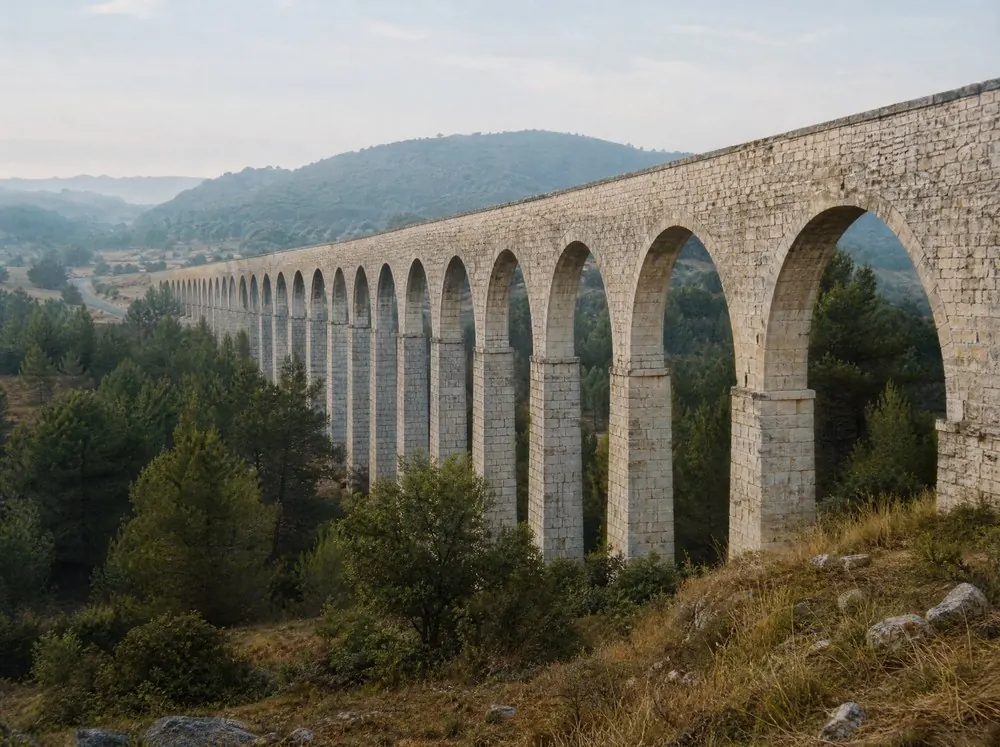 A long arcaded stone aqueduct striding across a wooded valley