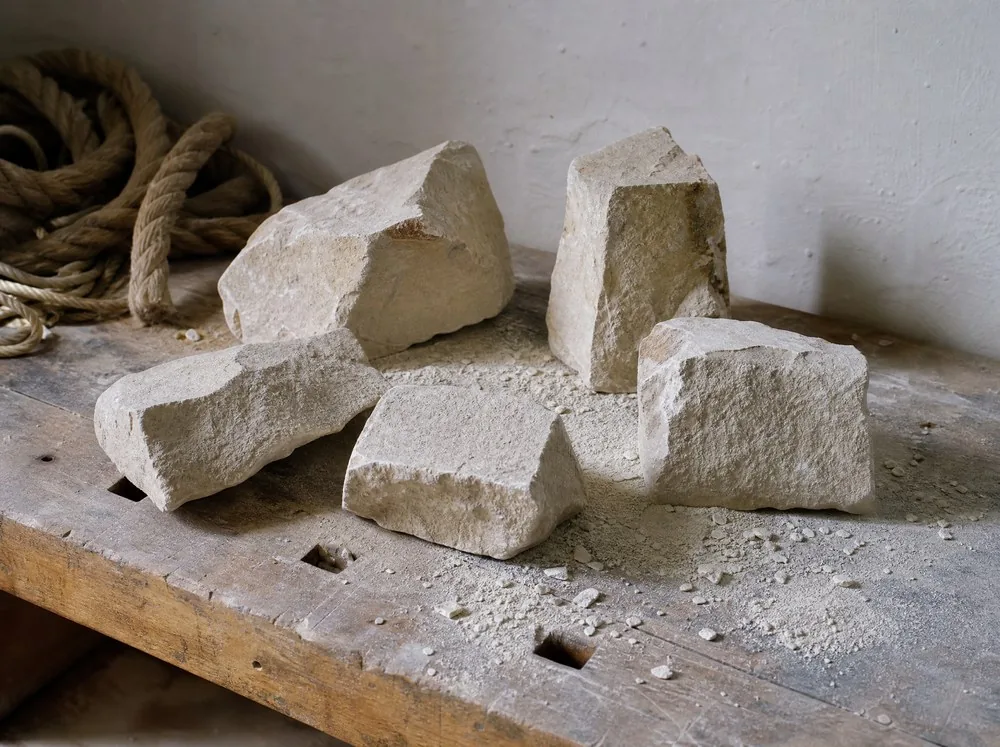 Limestone offcuts and dust on a bench