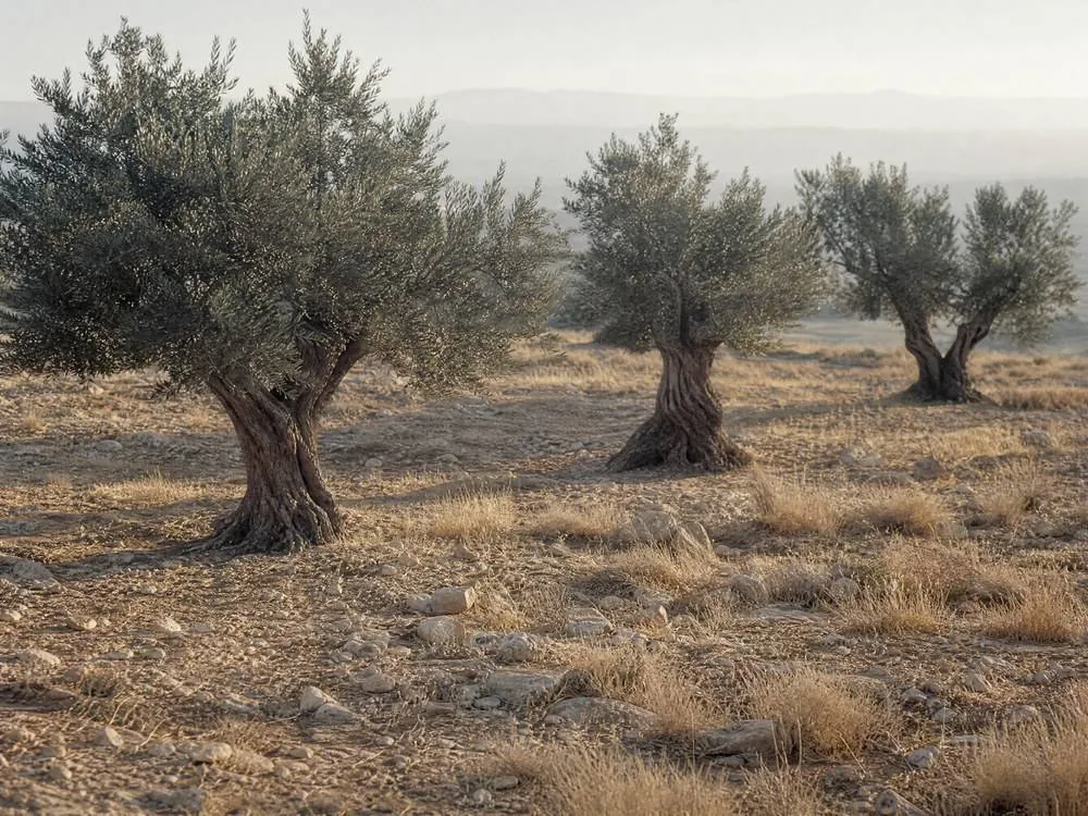 Olive trees on dry ground
